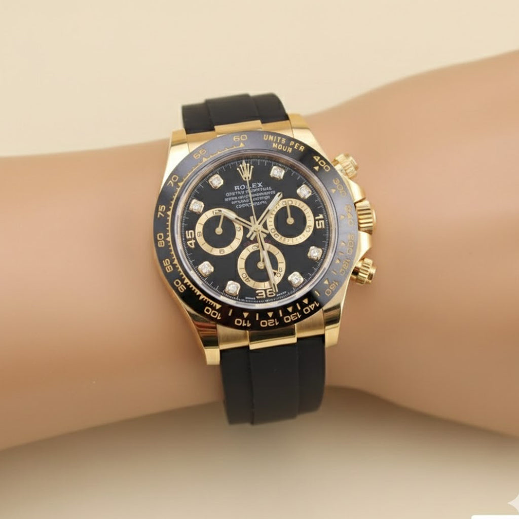 Rolex Daytona Copy Watch Designed for Man  Luxury Rolex Daytona gold-tone copy watch featuring black dial with diamond markers, chronograph function, and durable rubber strap