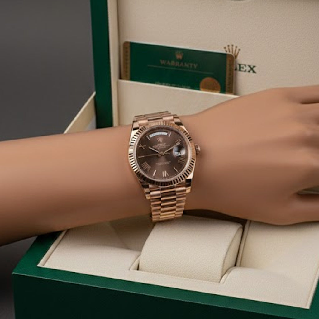 This is a Rolex Oyster Perpetual Day-Date Oyster Perpetual Day Date  with a chocolate dial, fluted bezel, and President bracelet.